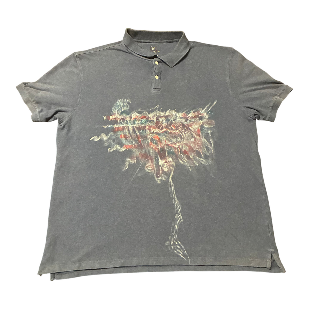 Vivid33 upcycled blue cotton polo shirt featuring a unique 1 of 1 hand-painted abstract design in red and white.